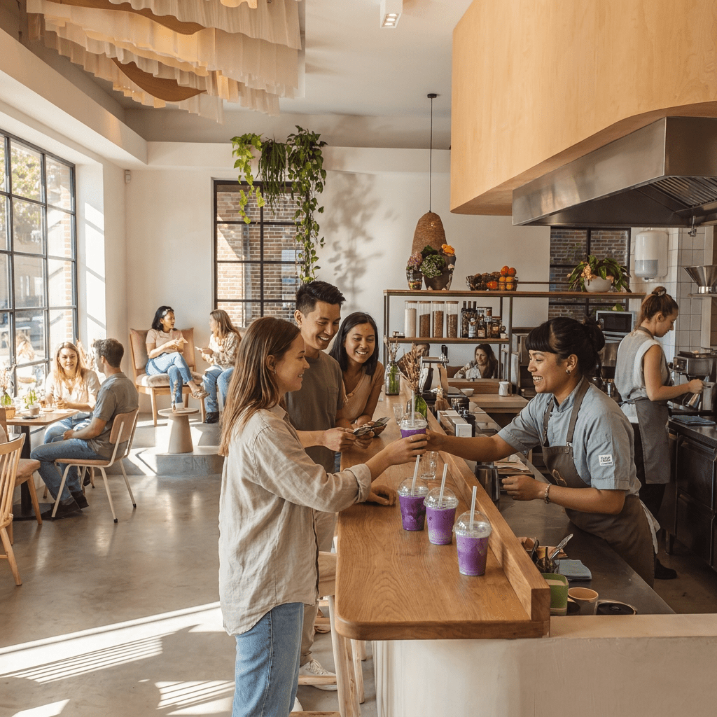 Ube drankjes aan de bar van een koffiebar