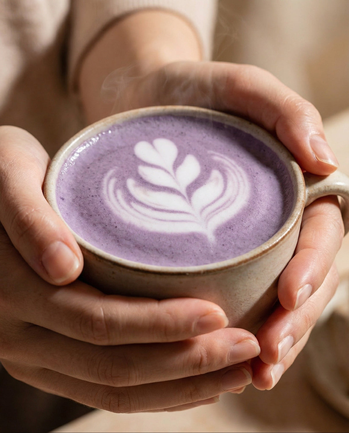 Warm glas ube latte in handen