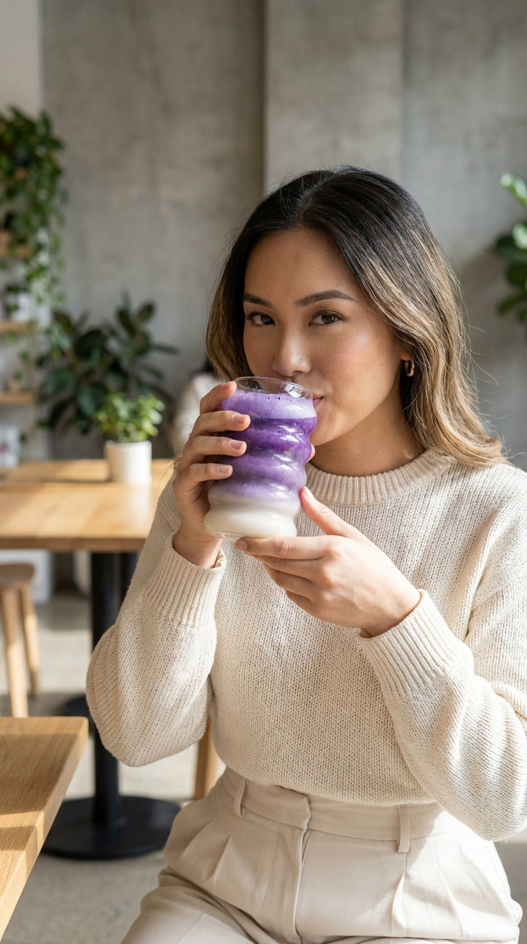 Vrouw aan tafel drinkt een paarse ube latte