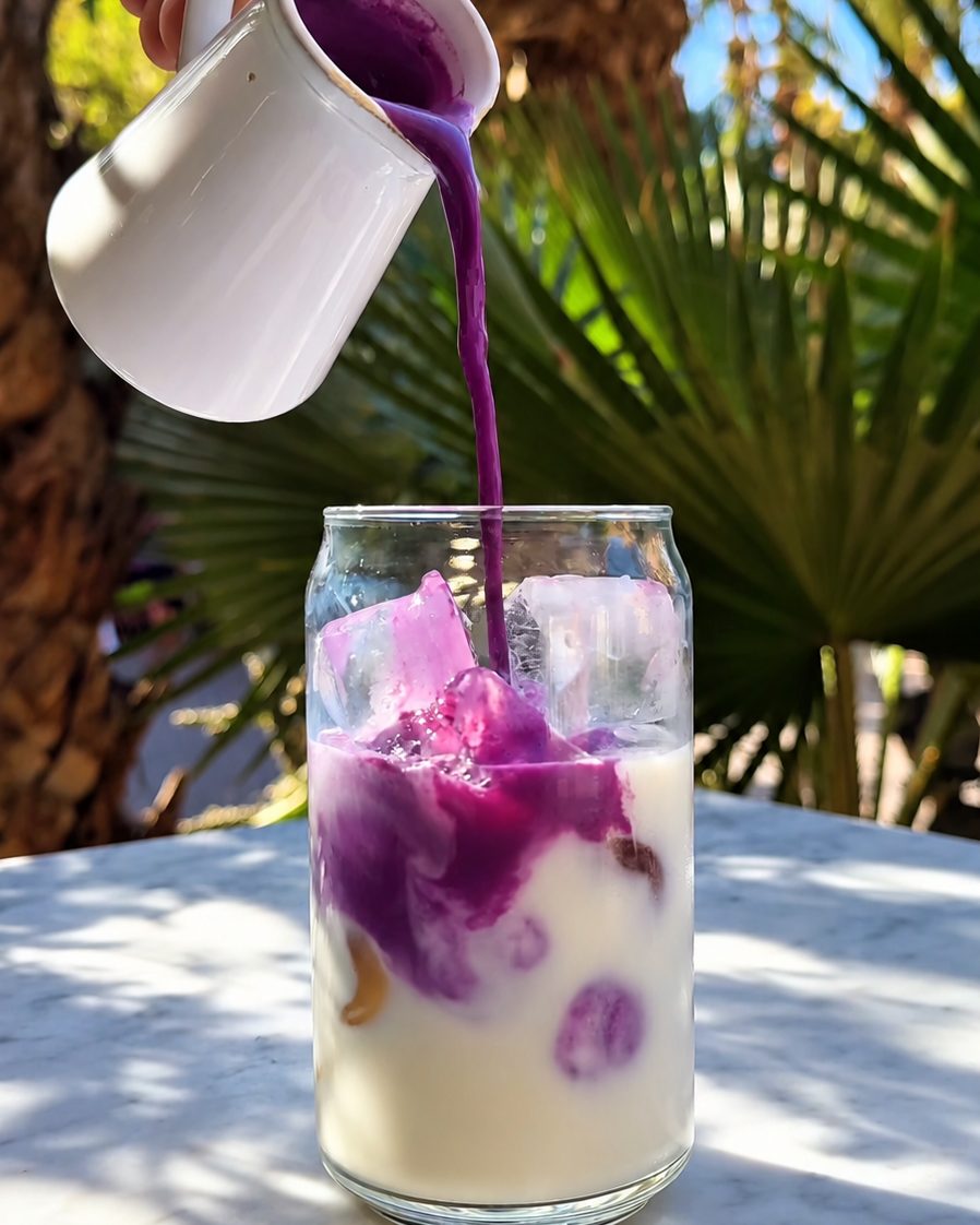 Making an iced ube latte: purple ube is poured from a white pitcher over milk and ice cubes in a glass